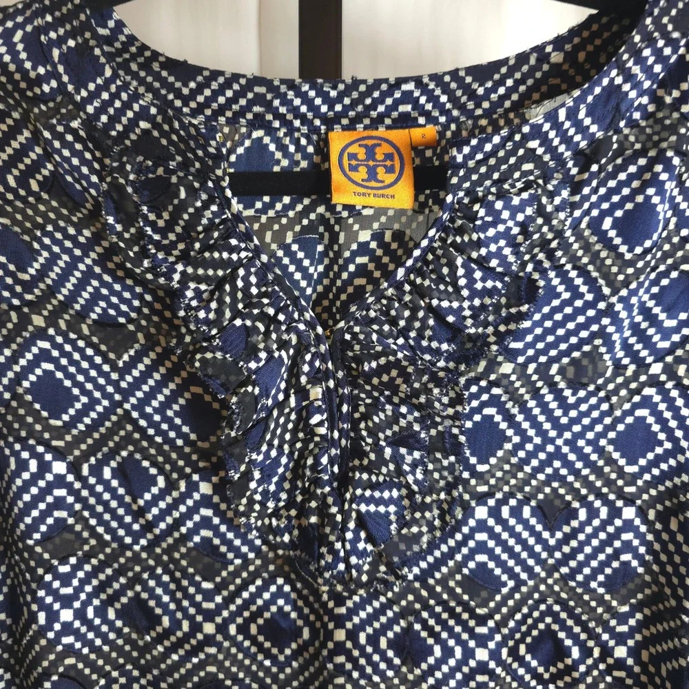 Tory Burch Size 2 Gwenna‎ Normandy Blue Semi-Sheer Silk Blend Tunic Blouse Boho
